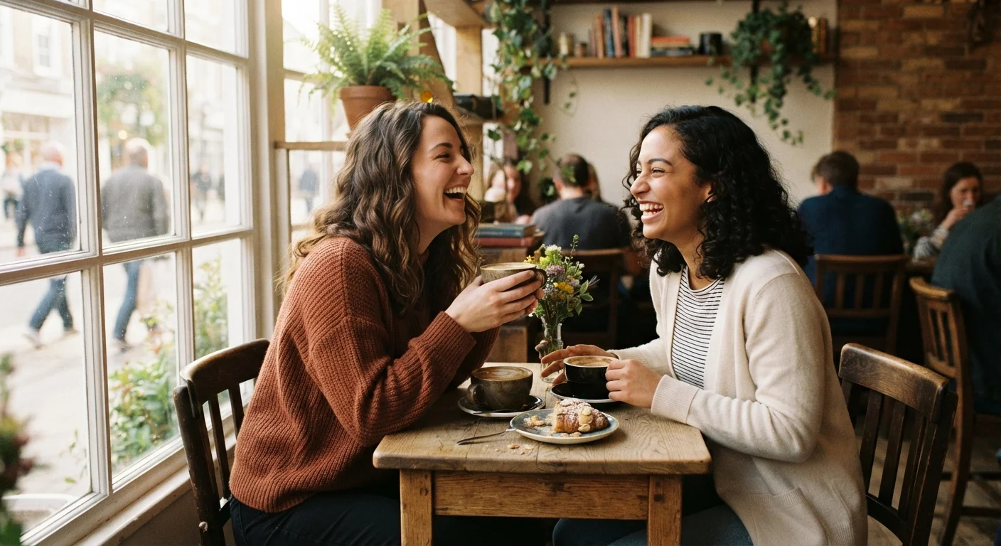 Two people sharing a warm, genuine laugh over coffee at a small café table
