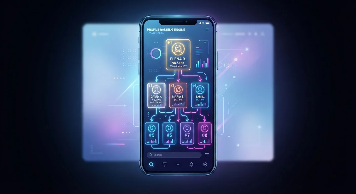Abstract illustration of dating app profile cards connected by algorithm flowchart lines on a smartphone screen