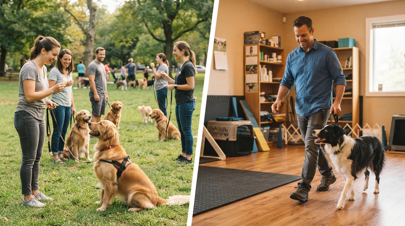 Split image of a group dog training class outdoors and a private one-on-one dog training session indoors