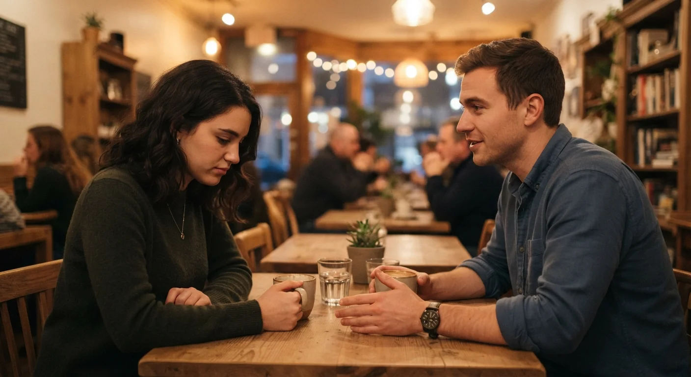 Two people having a conversation, one withdrawn and one speaking openly and calmly.