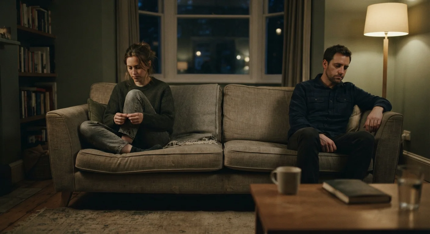 Couple sitting apart on a couch, symbolising quiet emotional distance and eroding trust