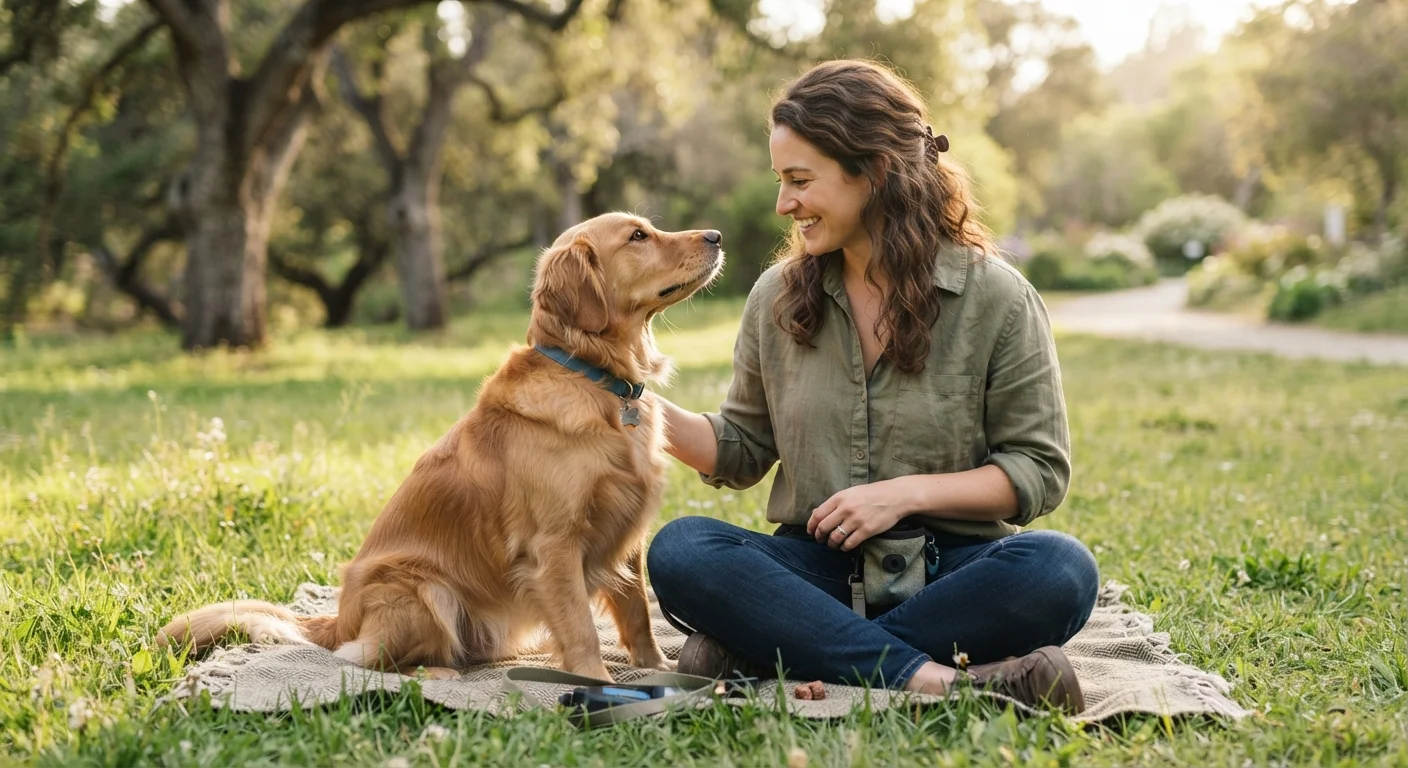 A dog sitting attentively beside its owner during an outdoor training session in warm sunlight