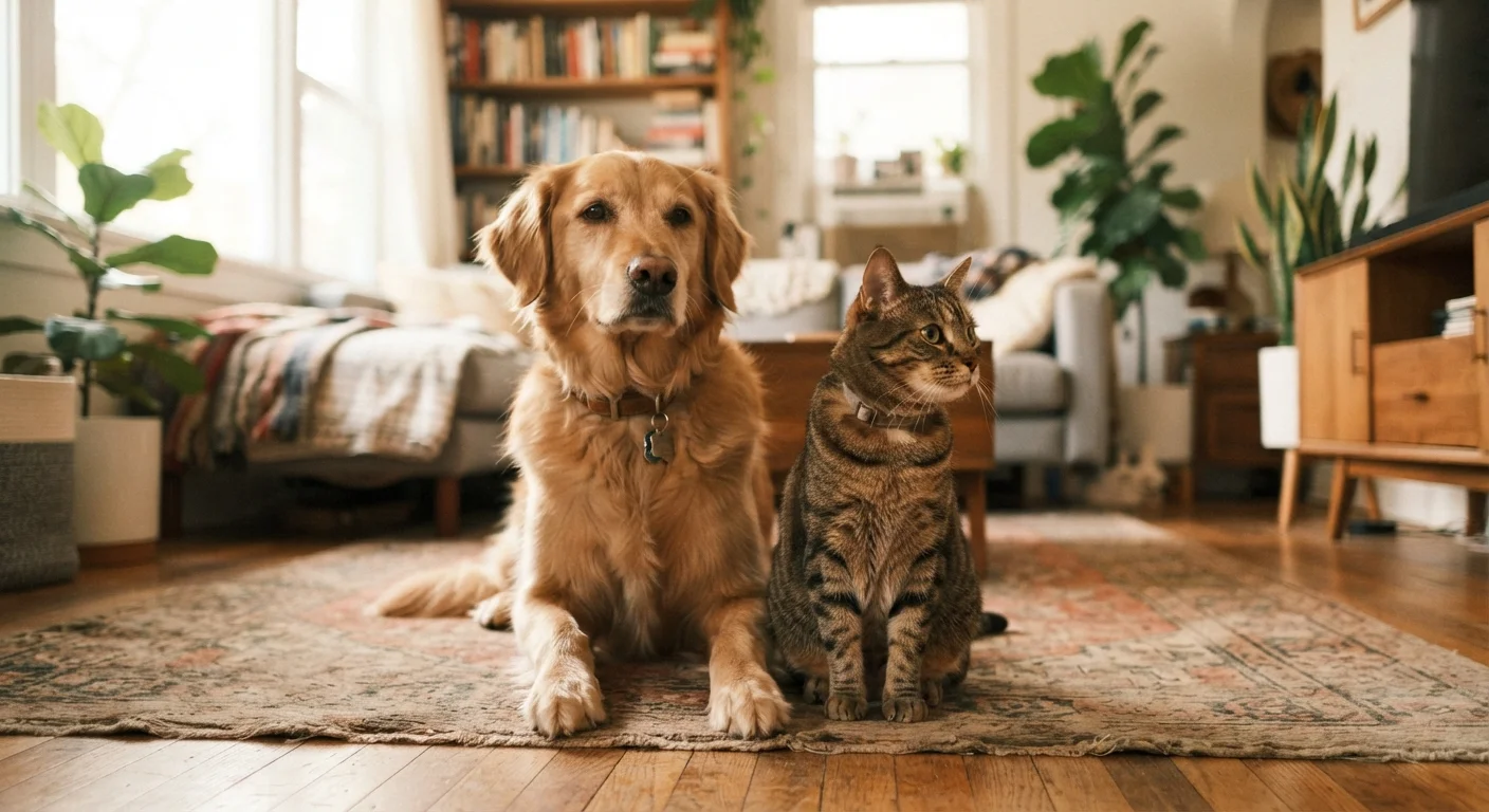 A dog and cat sitting together indoors, both relaxed, natural light setting