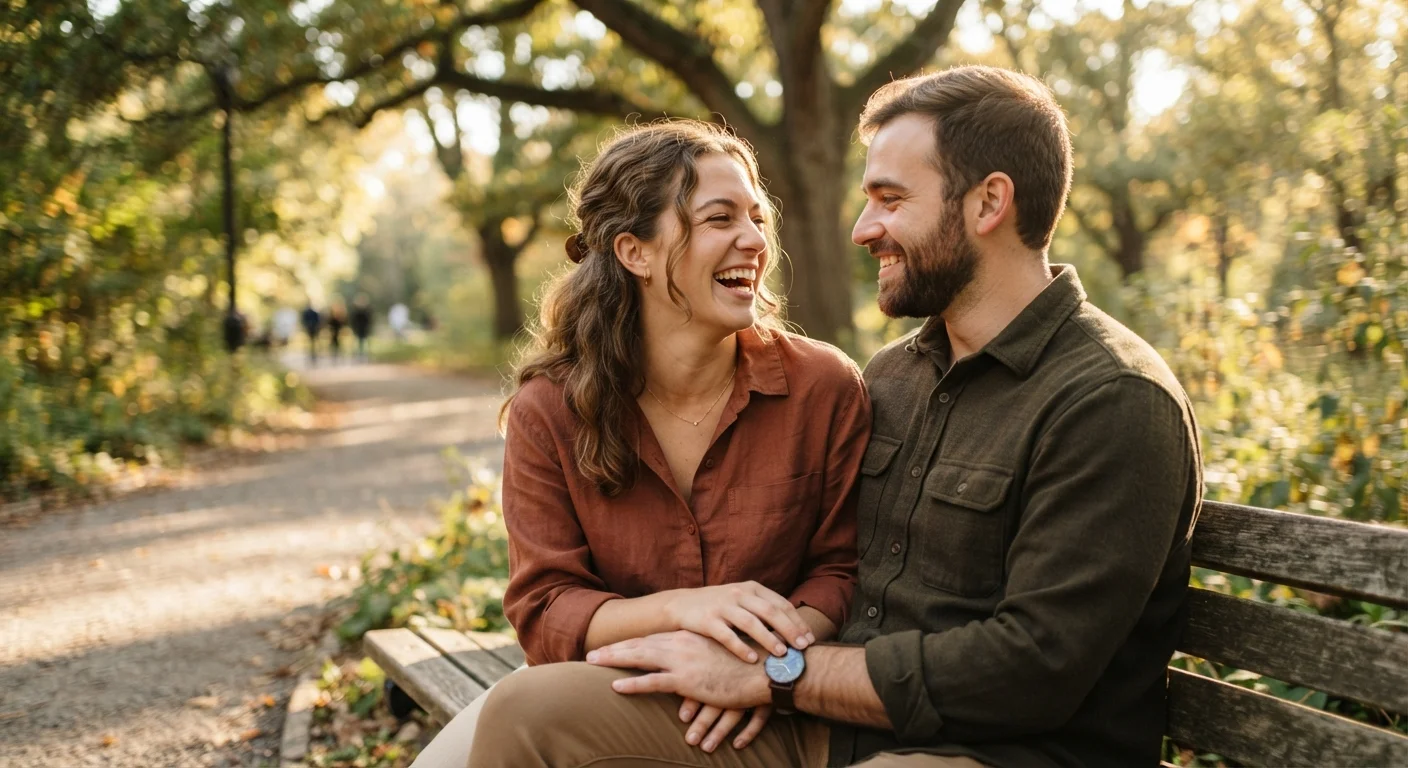 A couple sitting together on a sunny park bench, laughing and sharing a warm, genuine moment
