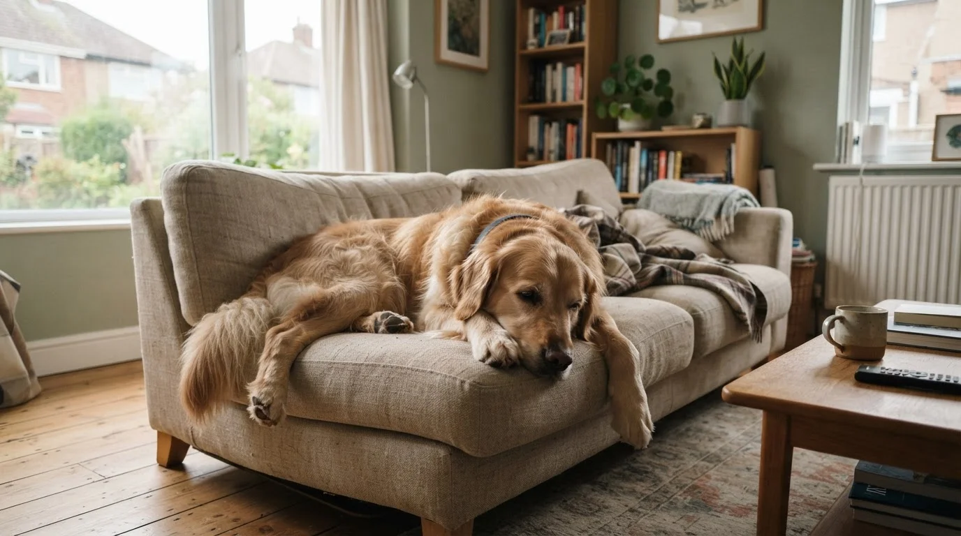 A bored dog resting on a couch in a home setting, appearing restless and understimulated