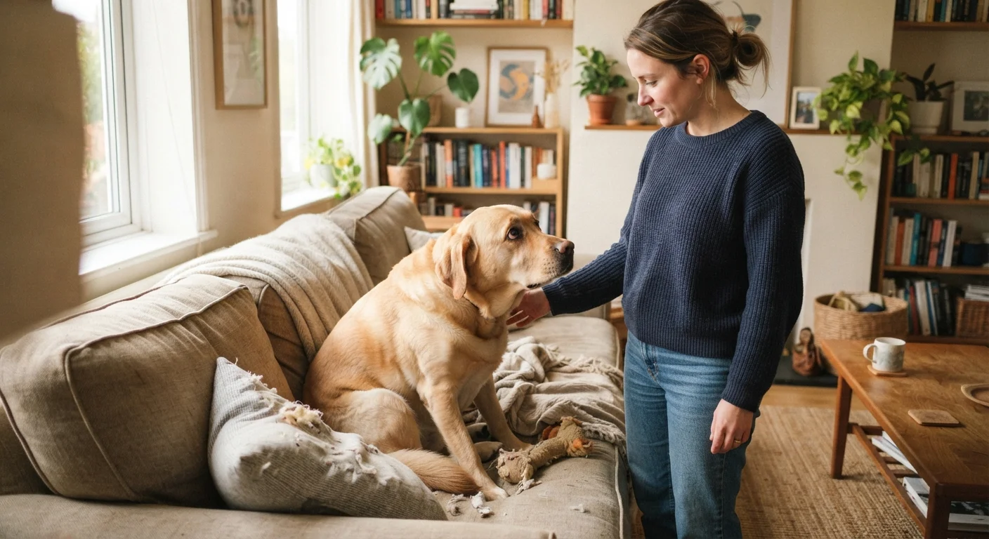 A dog sitting on a couch looking up at its owner with a guilty expression indoors