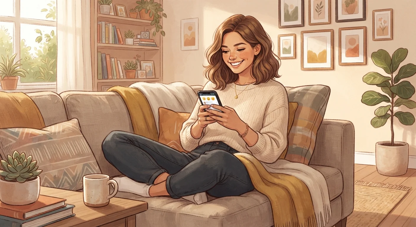 A person smiling while browsing a dating app on their smartphone at home